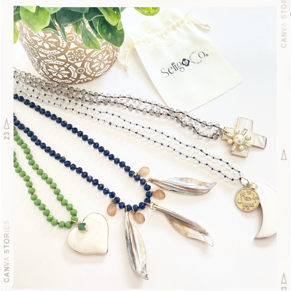 Long rondelle Crystal with mother of pearl, druzy semi-precious stones and more